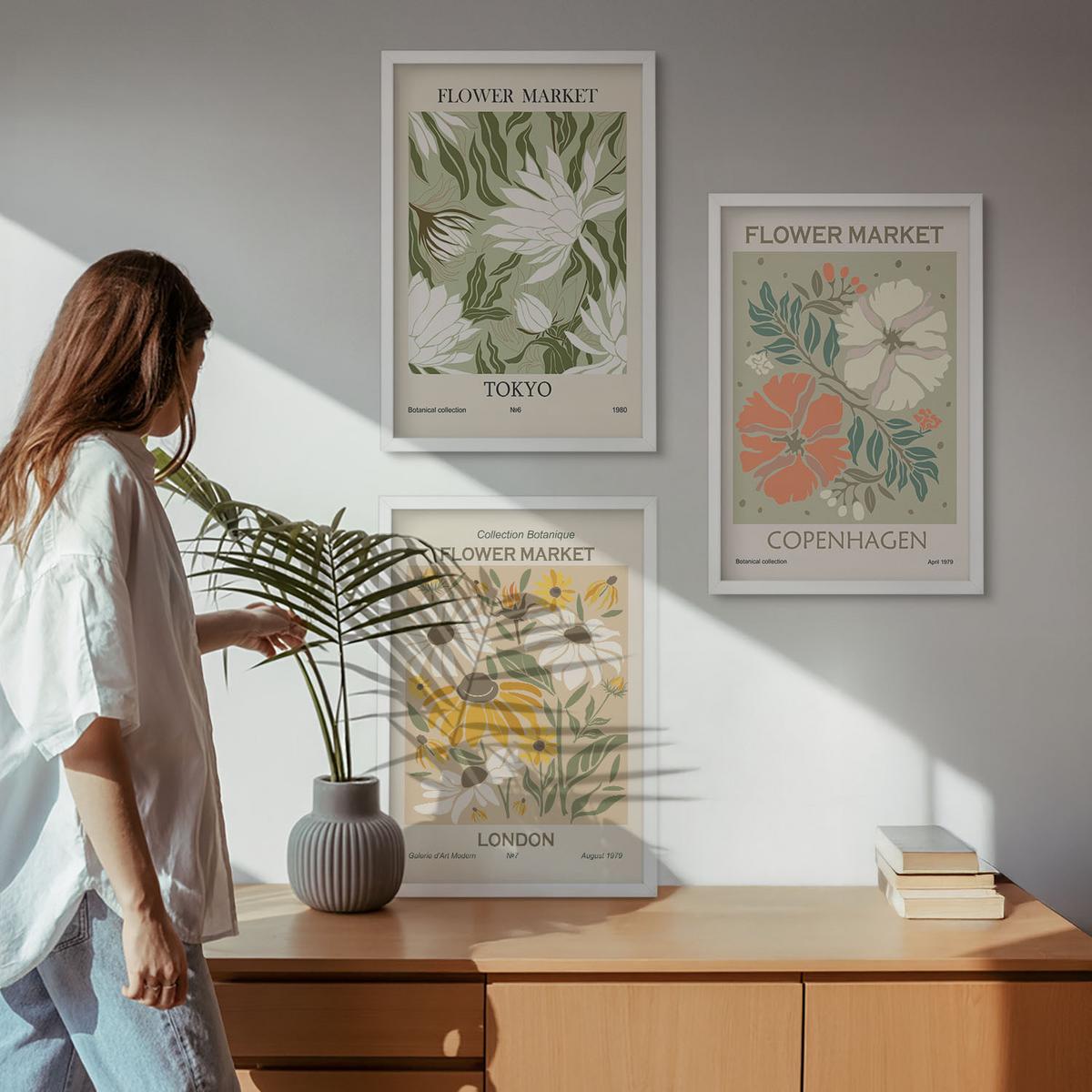 BILDER SET 3er Set - 40x60 cm Weißer Rahmen - Blumenmotive aus Städten auf der ganzen Welt - Weiß, Kunststoff (40/60cm) - TULUP