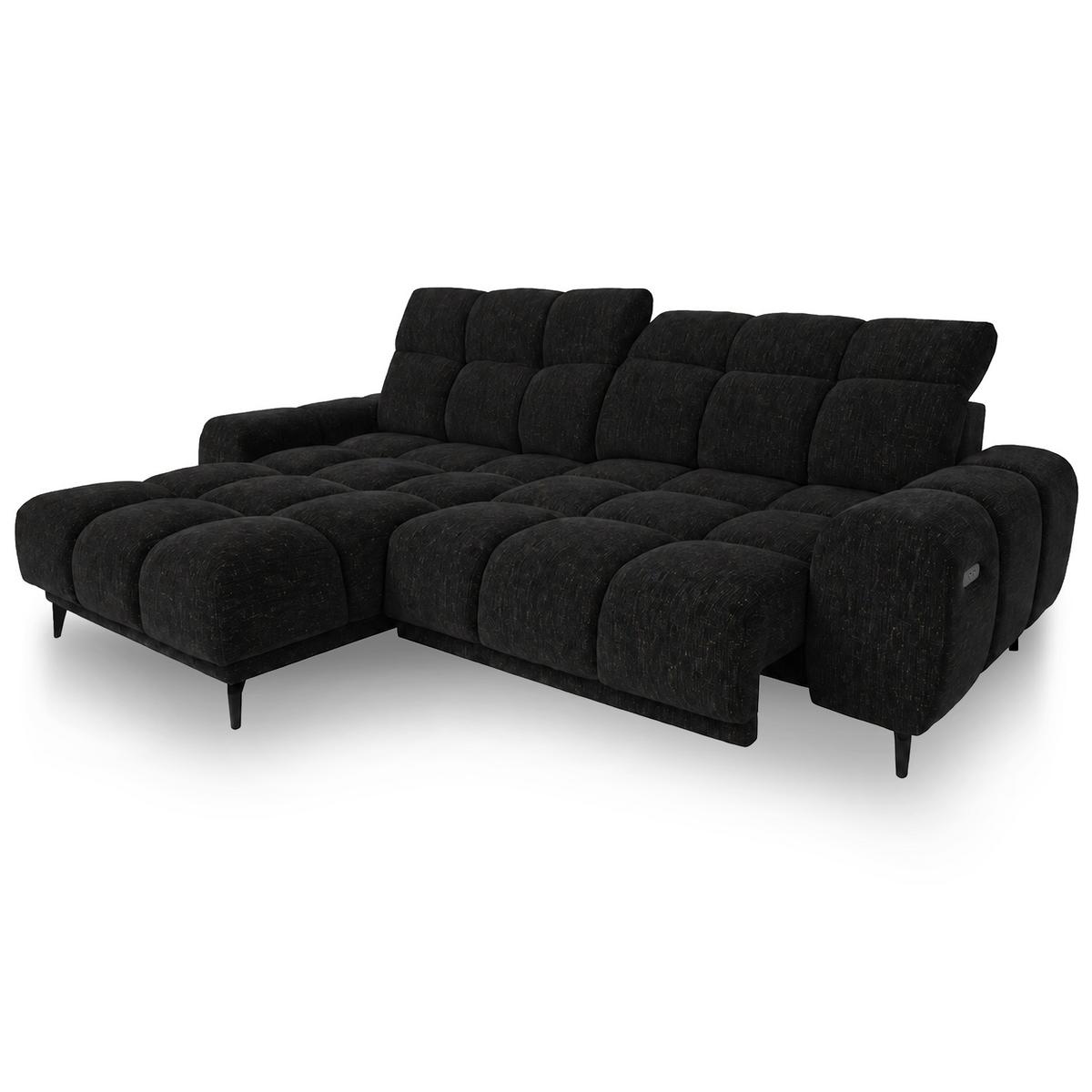 ECKSOFA Marco Mini mit elektrisch ausfahrbarem Sitz und verstellbaren Kopfstützen, Links, Chenille-Stoff, Schwarz - Schwarz, Textil (275/182cm) - Beautysofa