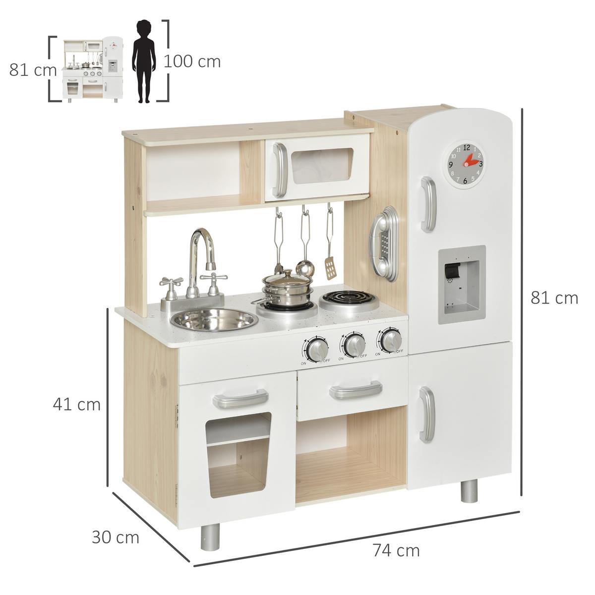 KINDERKÜCHE mit Zubehör Traumküche Spielküche Spielzeugküche Kiefer MDF Weiß - Weiß, Holzwerkstoff (74/30/81cm) - HOMCOM