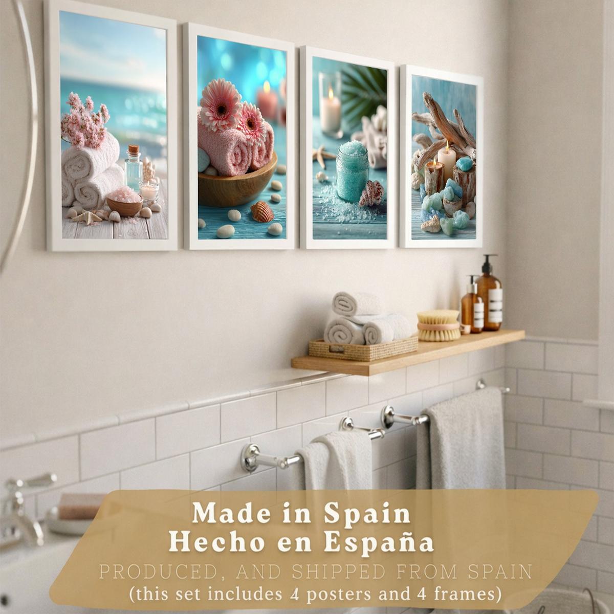 POSTER 4er-Set Badezimmer-Wandposter, Strand-Spa-Poster für Waschbecken, Dusche, WC mit Muscheln, Kerzen, Handtüchern und Meersalz Weißer Rahmen A3 - Weiß, Papier (42/29.7/3cm) - Nacnic