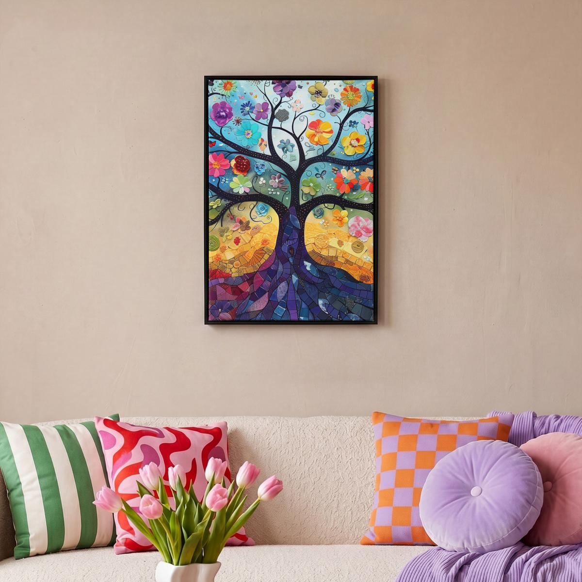 LEINWAND Bilder mit Rahmen - Kunst - Baum des Lebens - Blumen - Hippie - 40x60 - Dunkelblau, Textil (40/60cm) - MuchoWow