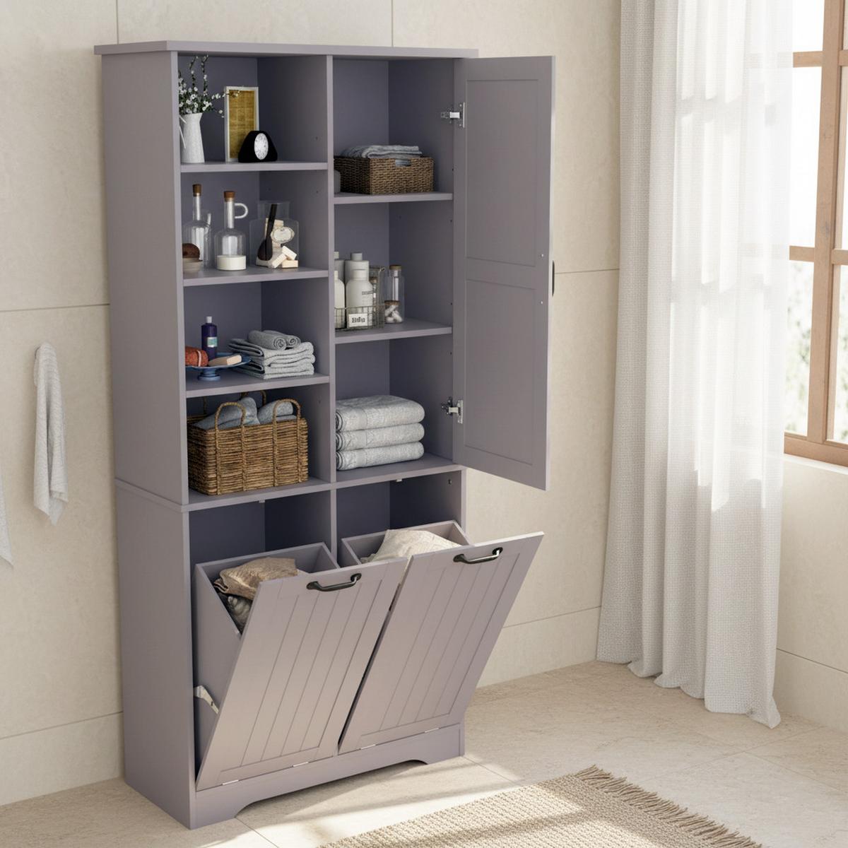 HOCHSCHRANK (Bad) Grau mit Doppel-Wäschekorb - Grau, Holzwerkstoff (78/173/35cm) - Urban Meuble