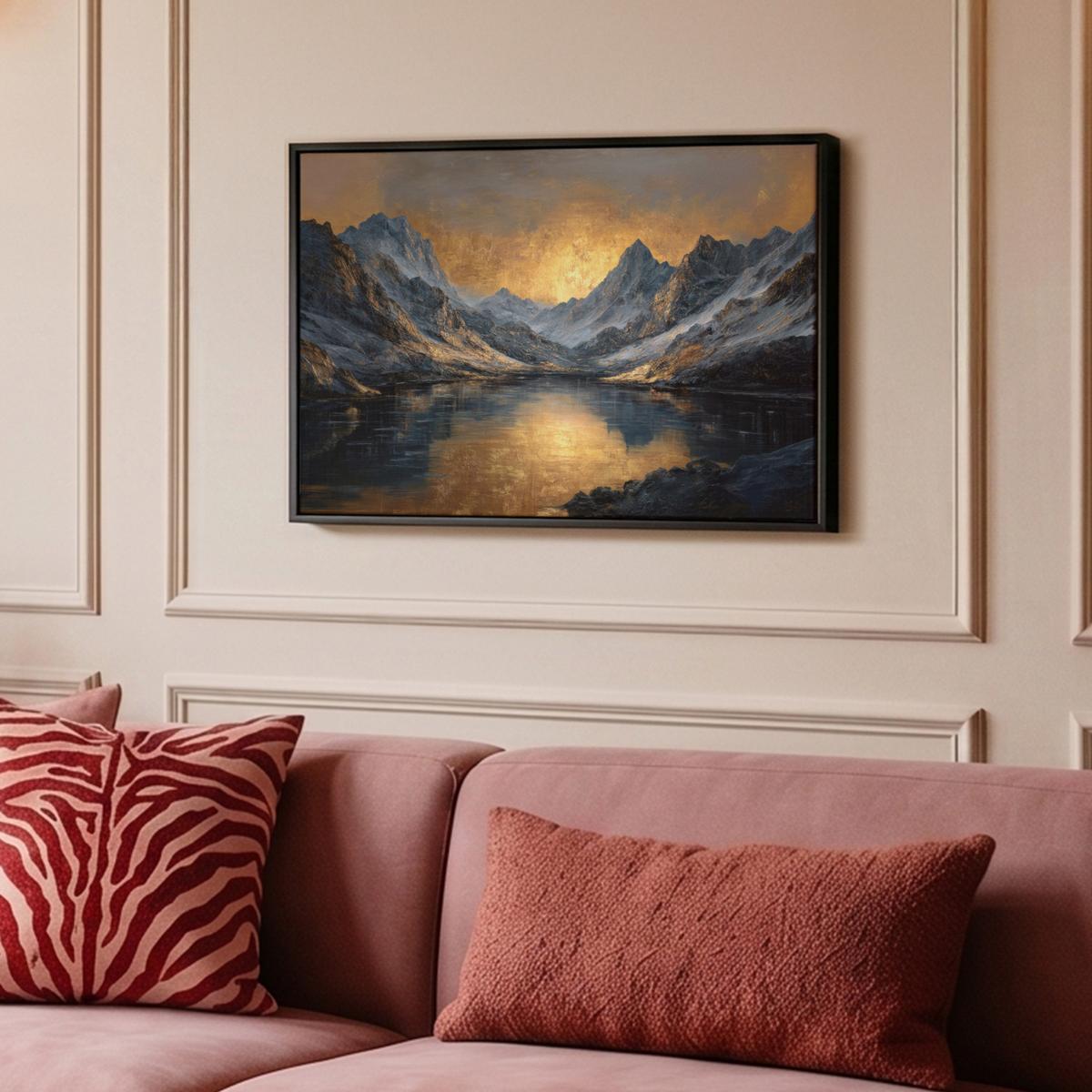 LEINWAND Bilder mit Rahmen - Bergkulisse mit goldenem Sonnenuntergang - 60x40 - Goldfarben, Textil (60/40cm) - MuchoWow