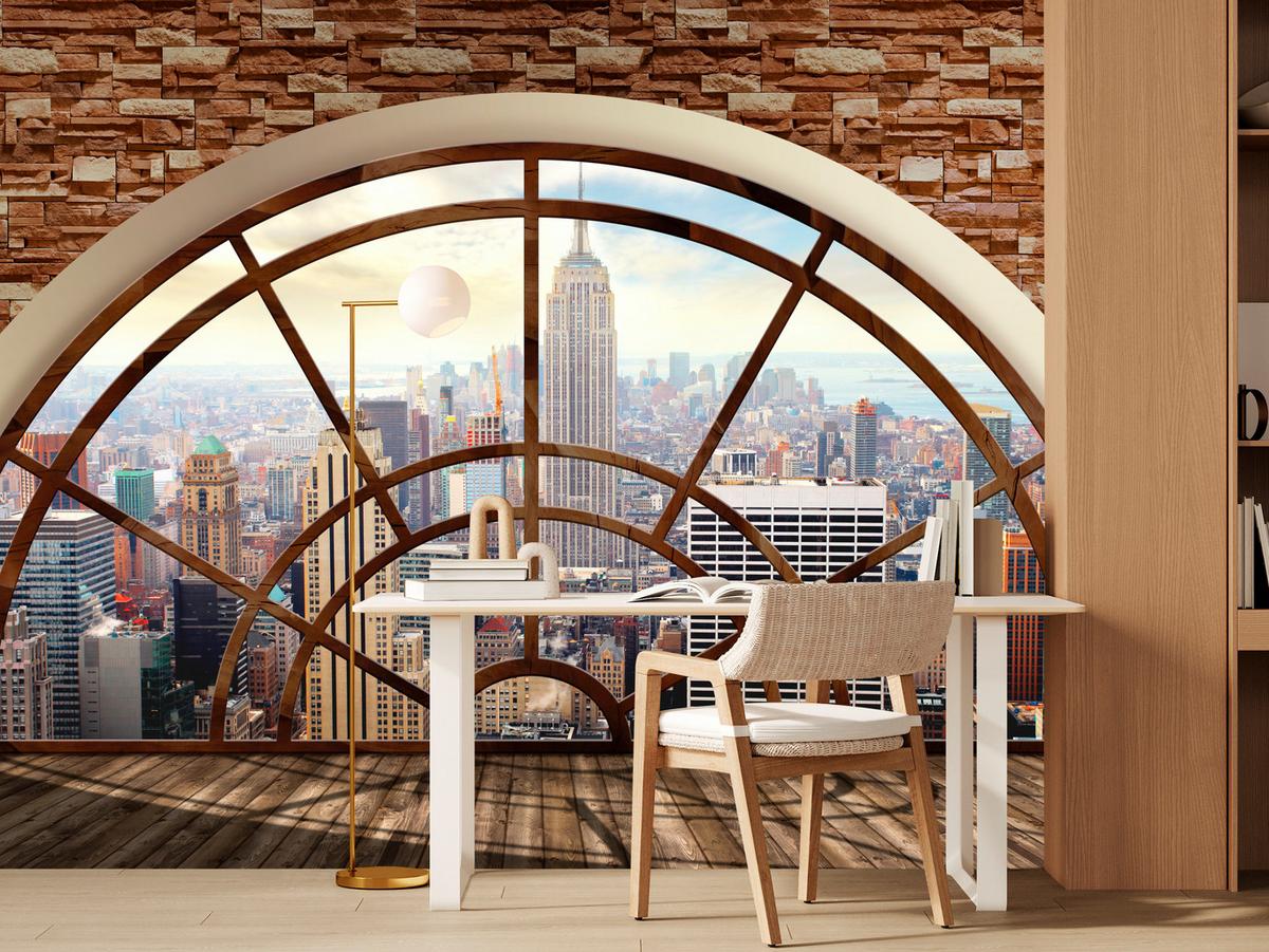 FOTOTAPETE für Wohnzimmer New York Fensterblick Panorama Stadt 150x105 - Beige/Braun, Papier (150/105cm) - Muralo