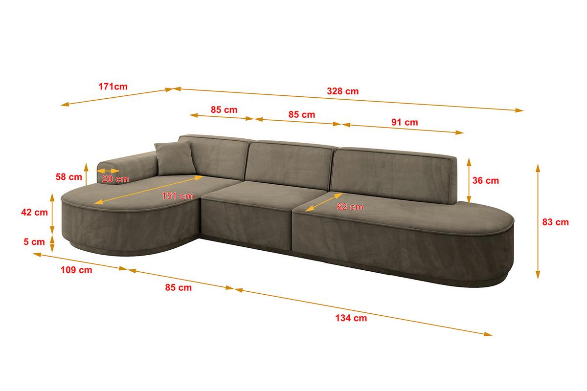 ECKSOFA Ottomane Links MARI-L2-v3 - 328x171x83 cm Dunkelbraun Velours - Dunkelbraun/Schwarz, Holzwerkstoff/Kunststoff (328/171cm) - ALTDECOR