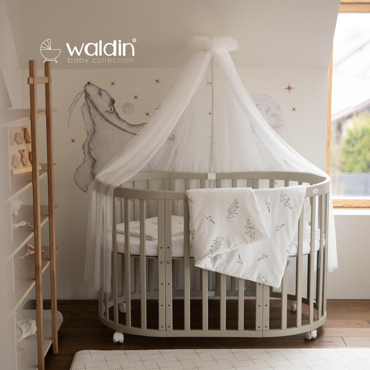 BABYBETT OLIVE OVAL 7in1 mit Matratze und Himmelset - Olivgrün/Weiß, Holz/Textil (73/125cm) - waldin
