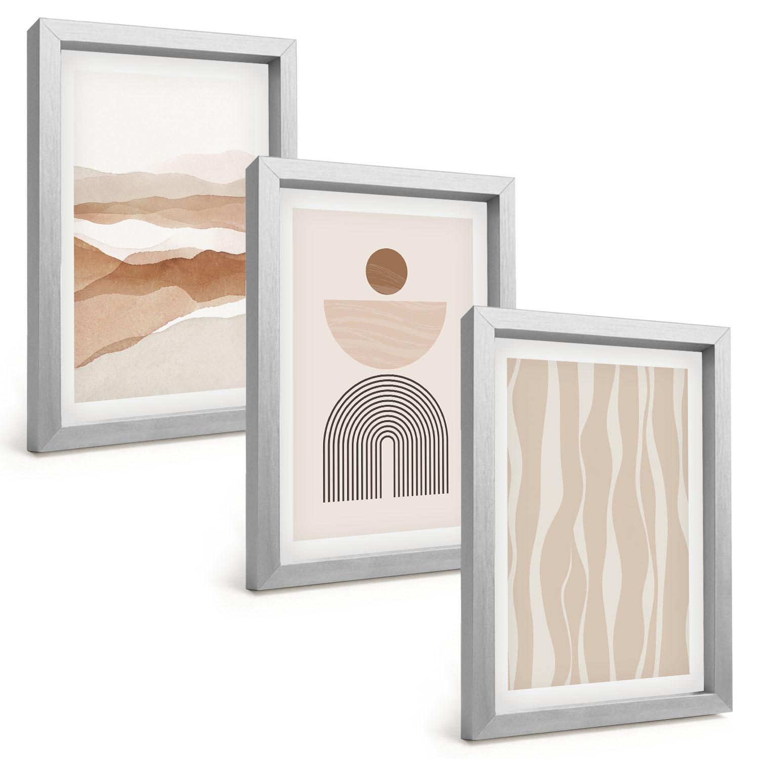BILDER SET 3er Set - 20x30 cm Silberner Rahmen - Abstrakte Landschafts- und Naturgeometrie - Silberfarben, Kunststoff (20/30cm) - TULUP