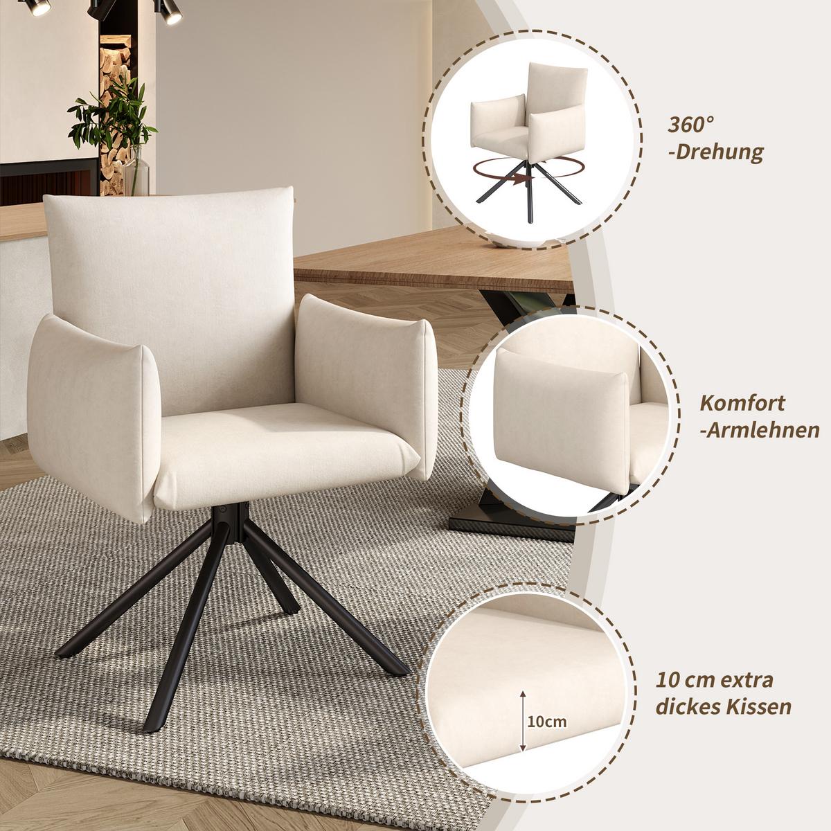 ESSZIMMERSTUHL 2er set samt gepolstert drehbar metallgestell mit armlehnen - Beige, Textil (60/88/60cm) - Urban Meuble