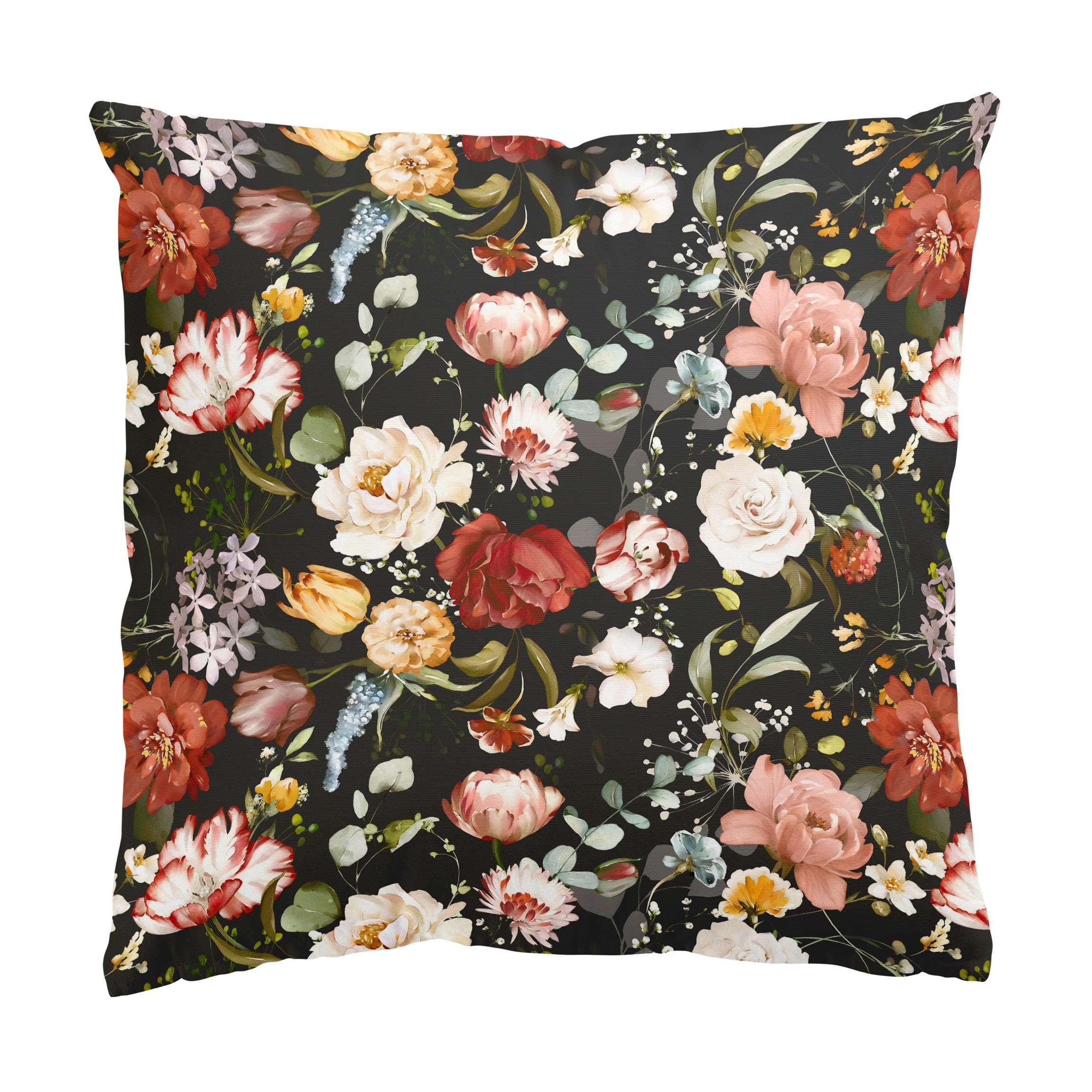 DEKOKISSEN Blumen Aquarell Vintage Muster auf Schwarz 50/50 cm - Schwarz, Textil (50/50/10cm) - Bilderwelten