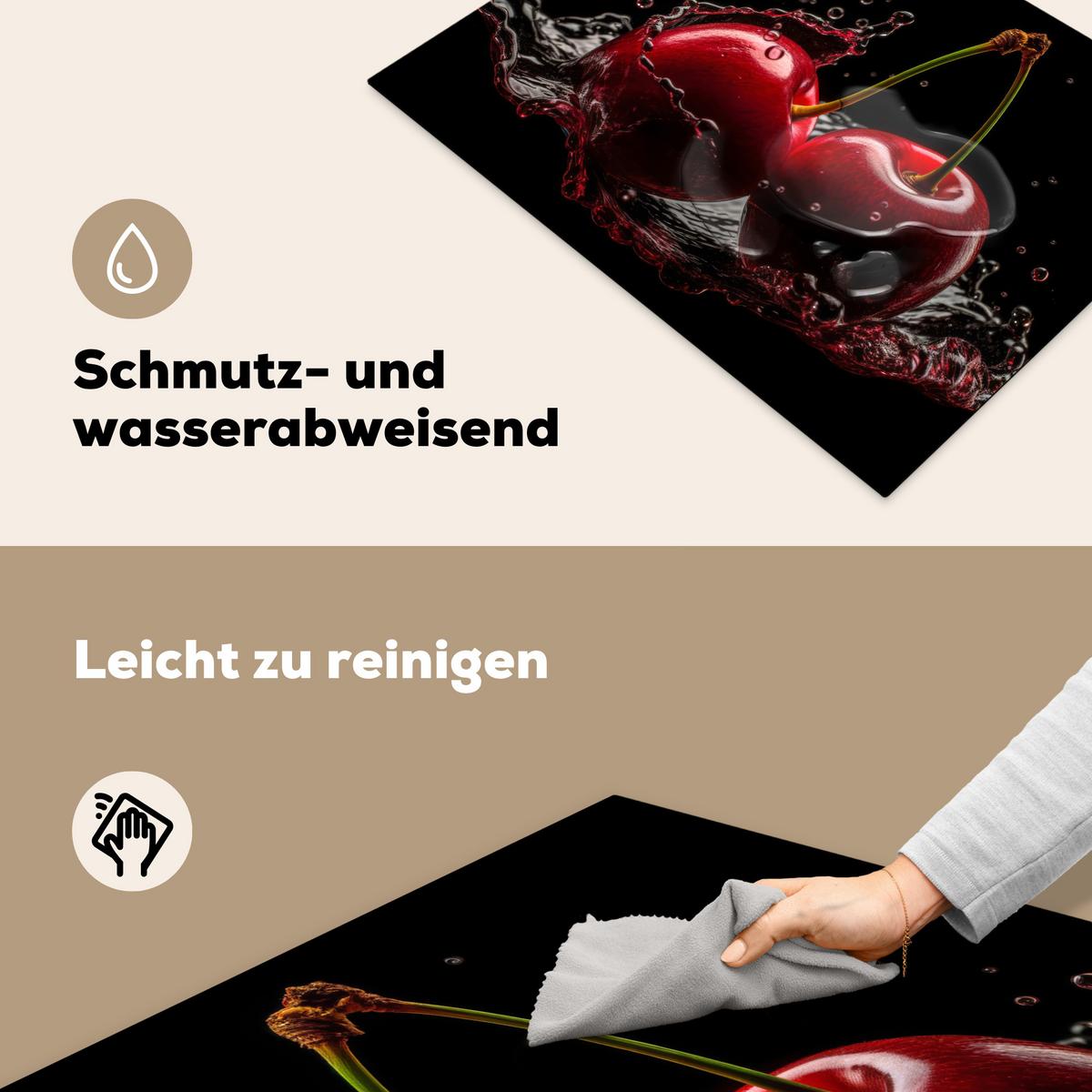 HERDABDECKPLATTE Kirsche - Rot - Frucht - Wasser - Schwarz Induktionsmatte 71x52 cm - Kirschrot, Kunststoff (71/52/0.2cm) - MuchoWow