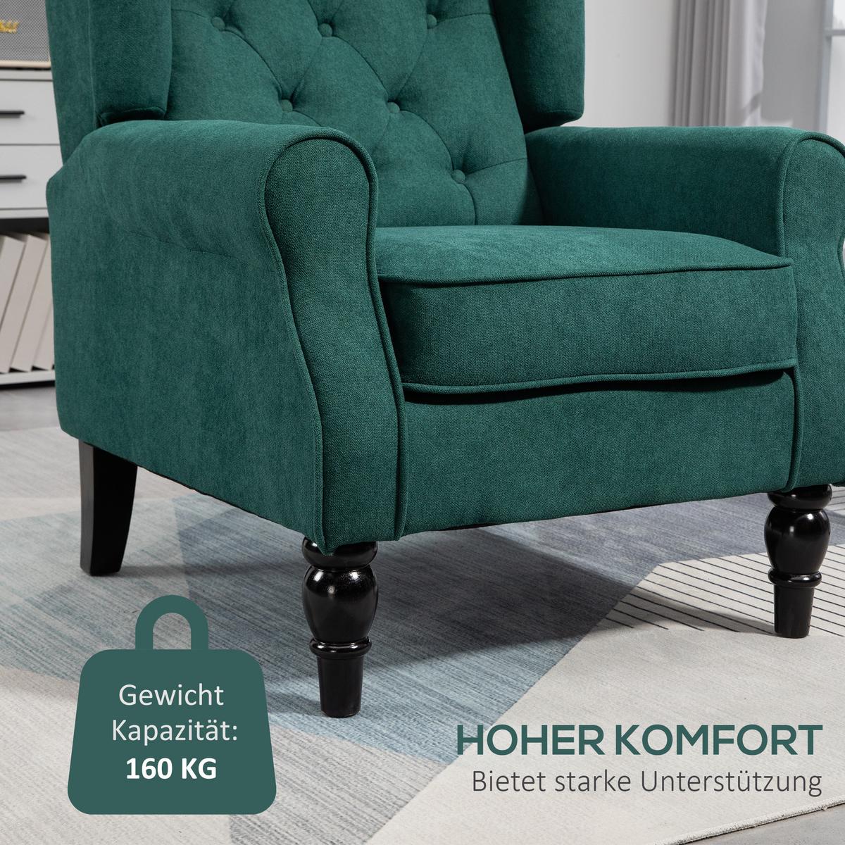 OHRENSESSEL Gepolstert Sessel mit Tufting, hoher Rückenlehne bis 160 kg - Smaragdgrün/Dunkelgrün, Holz/Textil (74/102/86cm) - HOMCOM