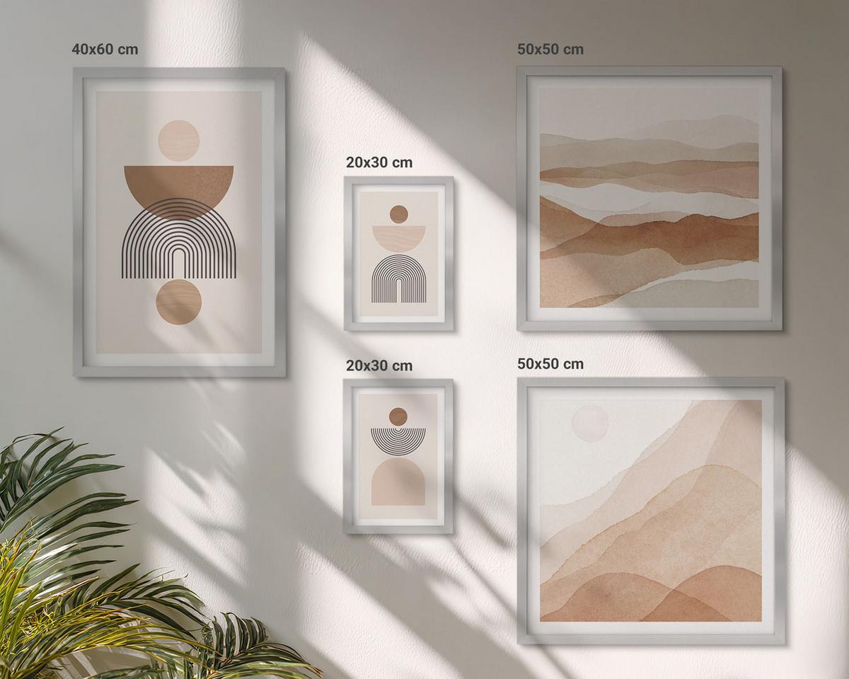BILDER SET 5er Set - 50x50 cm & 20x30 cm & 40x60 cm Silberner Rahmen - Abstraktes Boho-Design - Silberfarben, Kunststoff (40/60cm) - TULUP