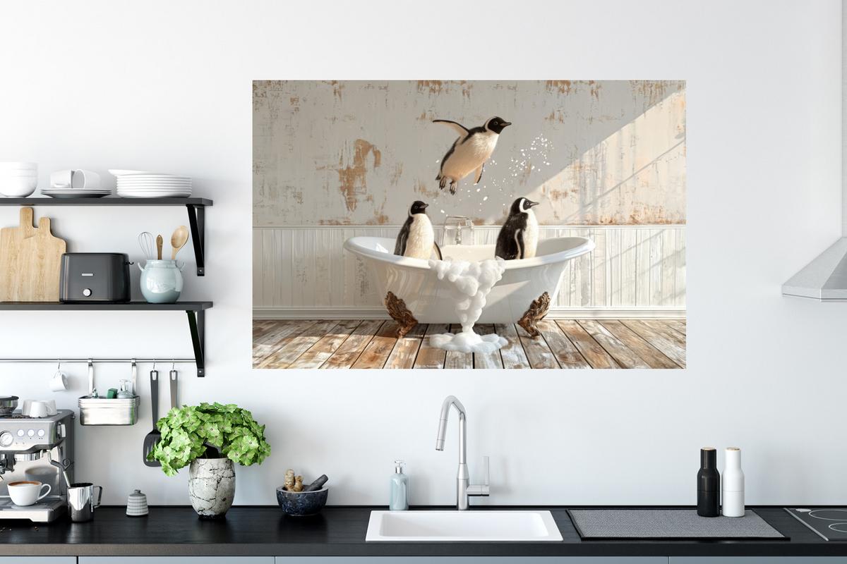 WANDTATTOO Vintage - Pinguin - Badewanne - Schaumstoff Wandsticker 120x80 cm - Schwarz, Kunststoff (120/80/0.1cm) - MuchoWow