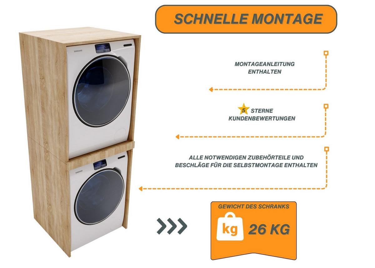 WASCHMASCHINENSCHRANK für Waschmaschine & Wäschetrockner 66/180/65cm - Beige, Holzwerkstoff (66/180/65cm) - CraftPAK