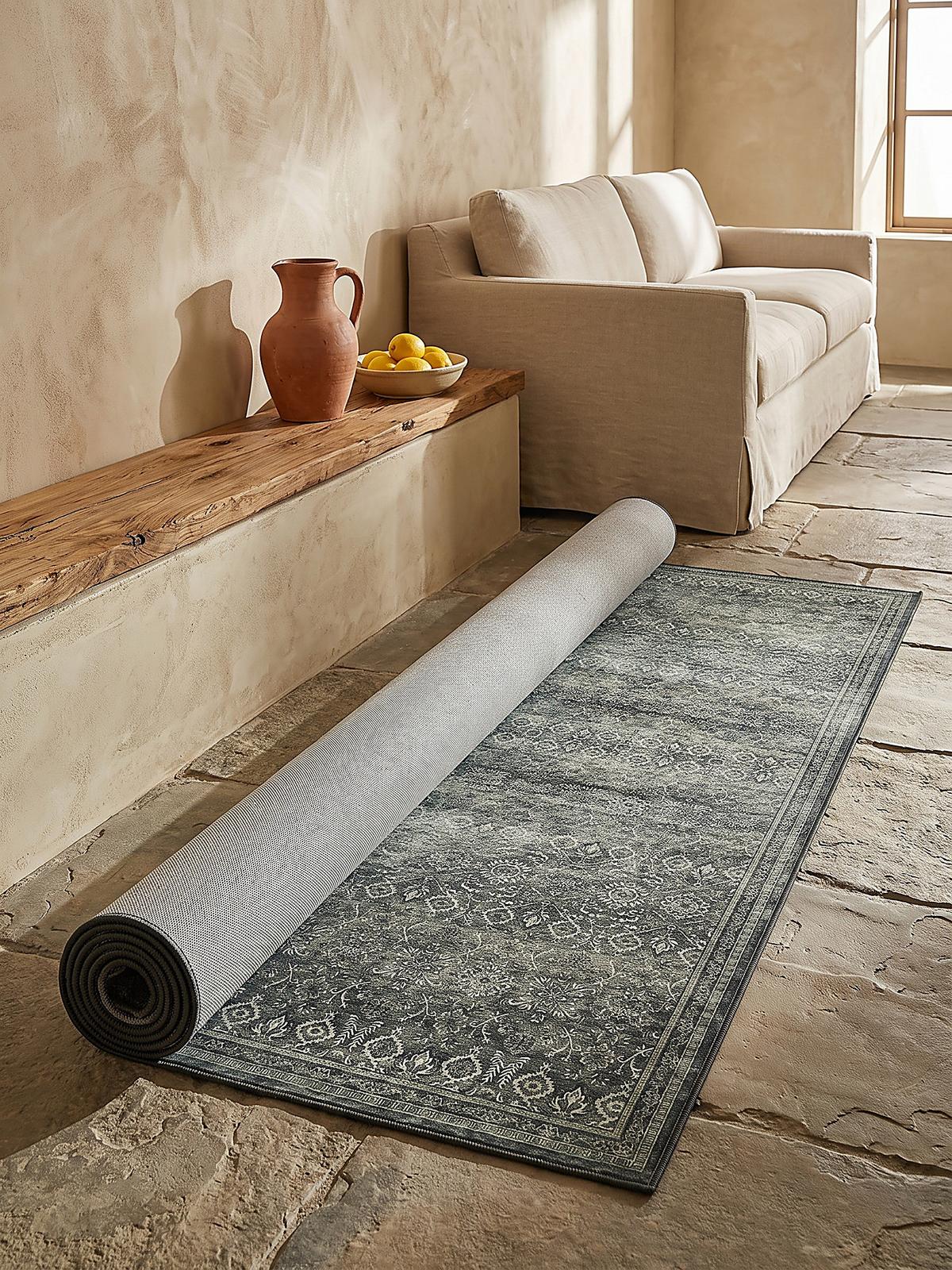 LÄUFER waschbar, mit floralen Ornamenten, VERNANTE in Grün-Grau, 80 x 150 cm - Grün, Textil (80/150cm) - KADIMA DESIGN