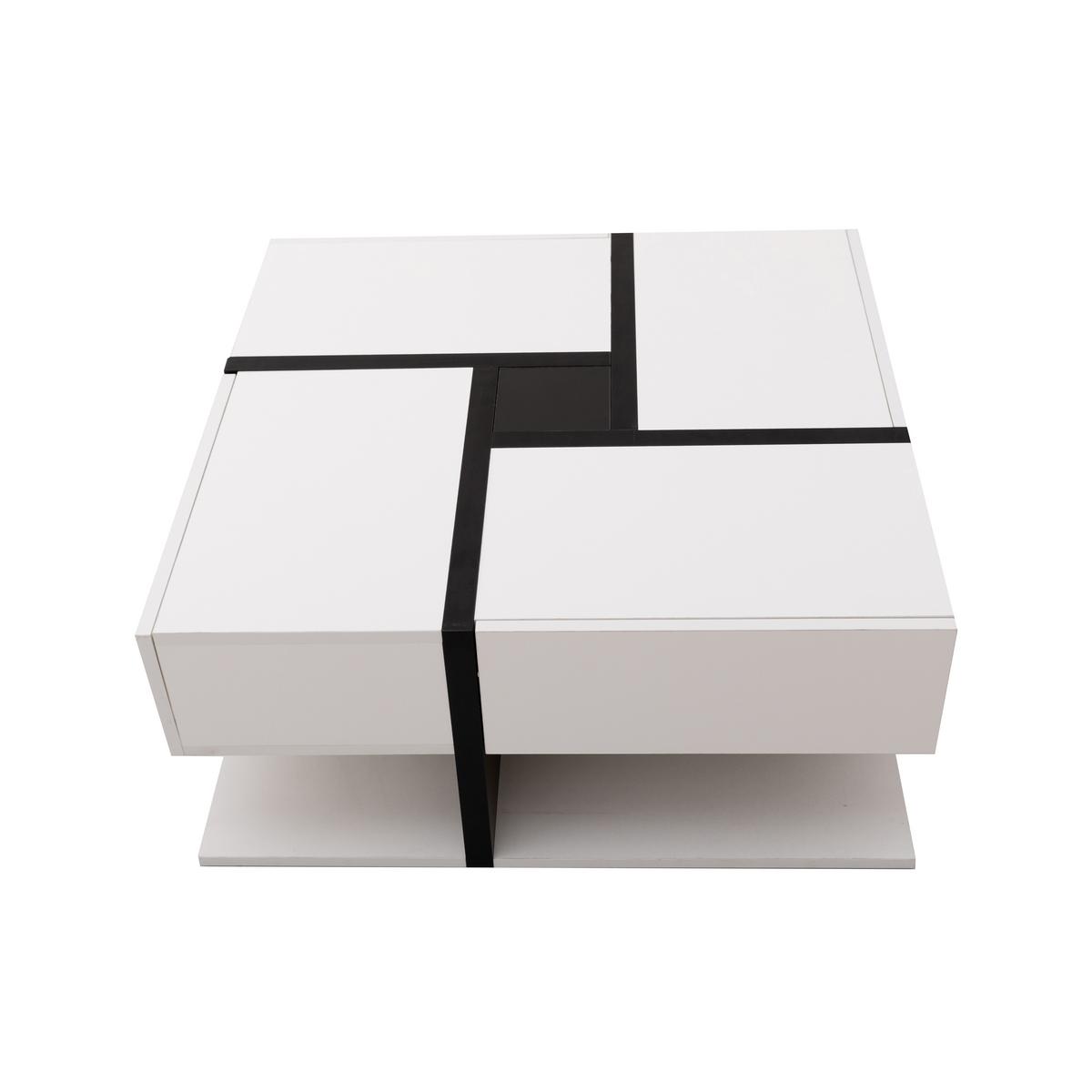 COUCHTISCH Hochglanz Weiß & Schwarz Quadratisch mit 4 Schubladen & Stauraum - Weiß, Holzwerkstoff (78/78/36cm) - Urban Meuble
