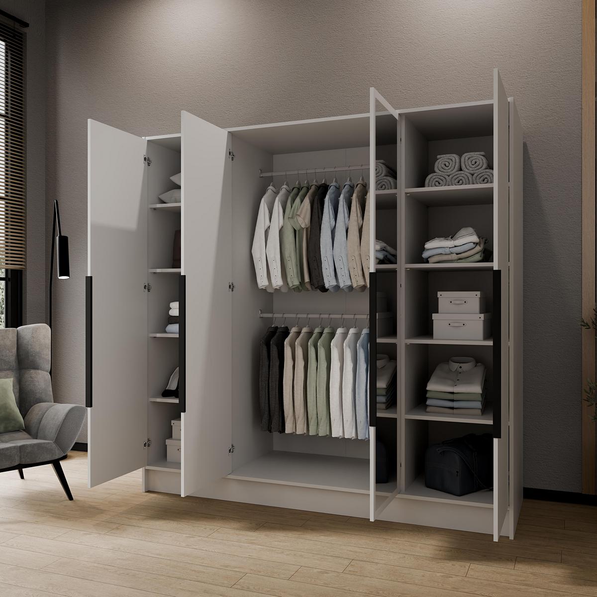 KLEIDERSCHRANK Mono Lux mit Speigel, Drehtüren mit Schwarze Metallgriffe, Weiß 200/200/51 cm - Weiß, Holzwerkstoff (200/200/51cm) - WFL GROUP