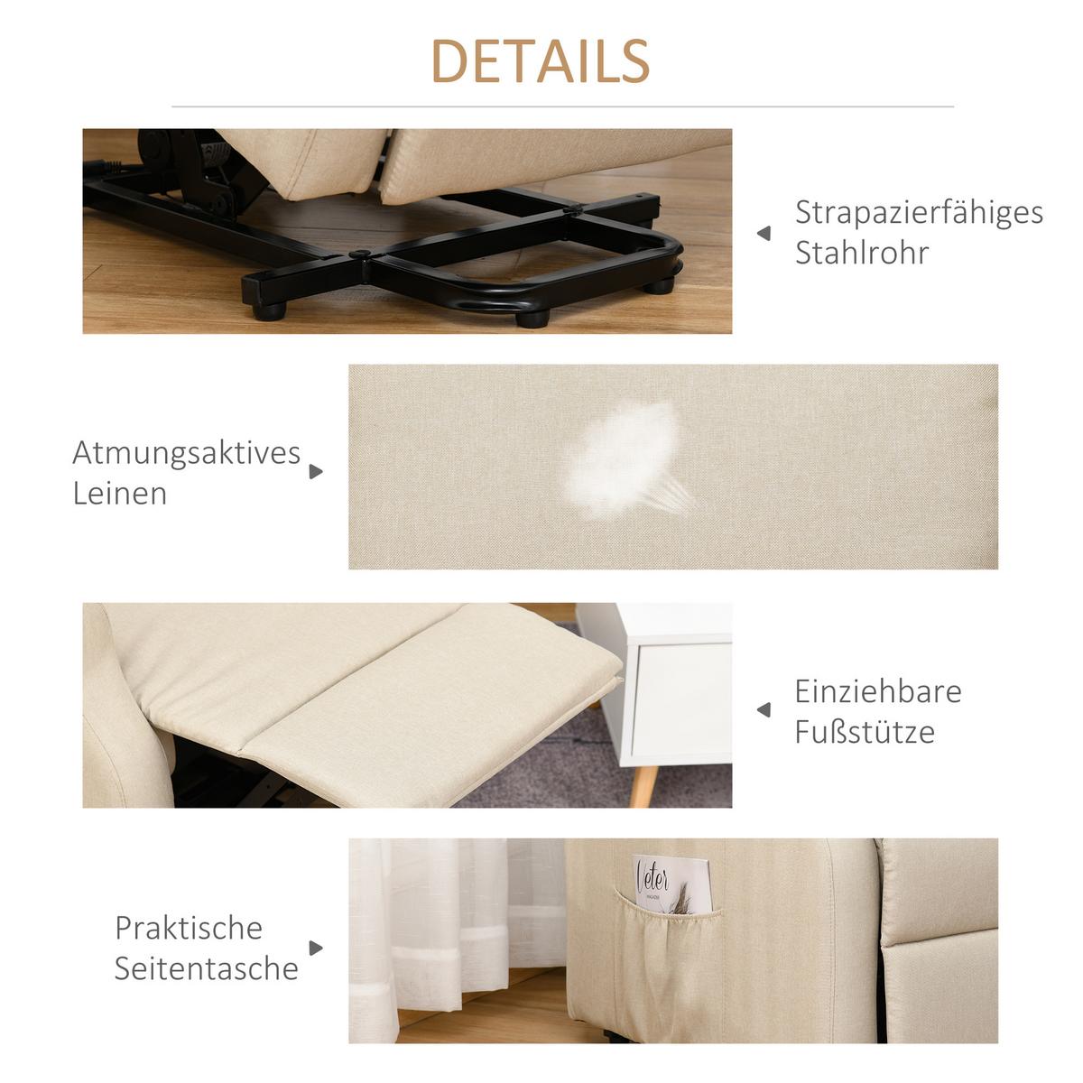 FERNSEHSESSEL mit Aufstehhilfe Leinen Cremeweiß - Creme/Schwarz, Holz/Textil (94/111/74cm) - HOMCOM