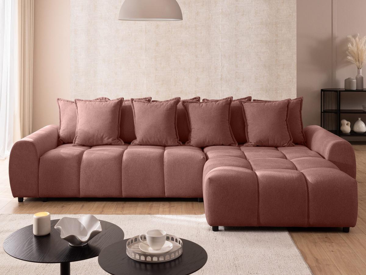 ECKSOFA Bubble mit losen Rückenkissen und Sitzfläche in Bubble-Optik aus weichem Terrakotta Strukturstoff mit schöner Sitzkomfort - Ottomane rechts - Terracotta/Schwarz, Holz/Kunststoff (306/180cm) - S-Style Möbel