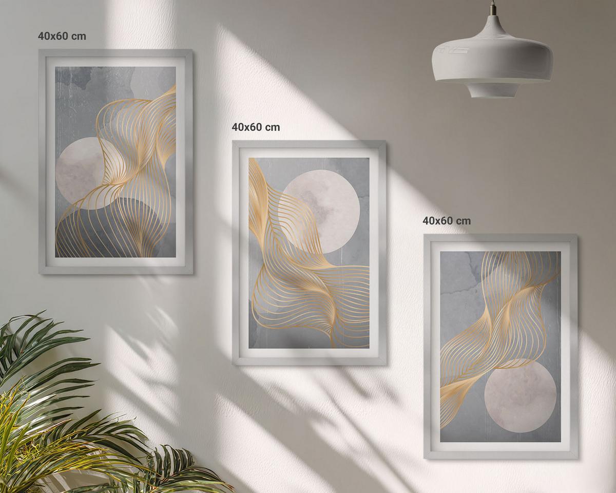 BILDER SET 3er Set - 40x60 cm Silberner Rahmen - Abstrakte Muster Wellen Kreise - Silberfarben, Kunststoff (40/60cm) - TULUP