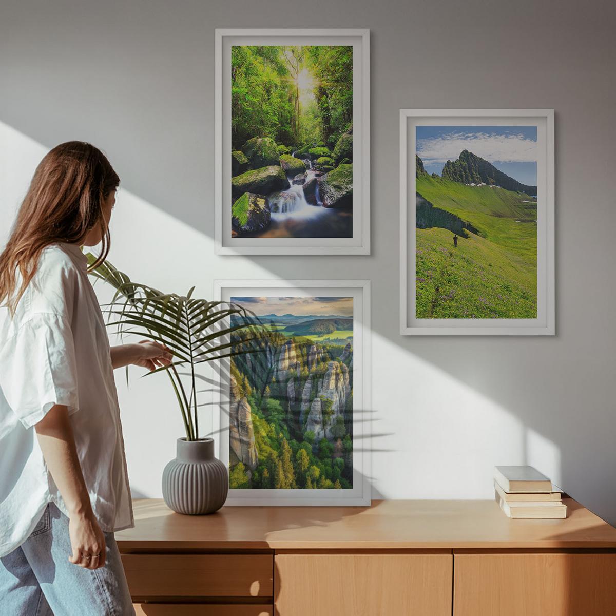 BILDER SET 3er Set - 40x60 cm Weißer Rahmen - Grüne Berge Wasserfallwald - Weiß, Kunststoff (40/60cm) - TULUP