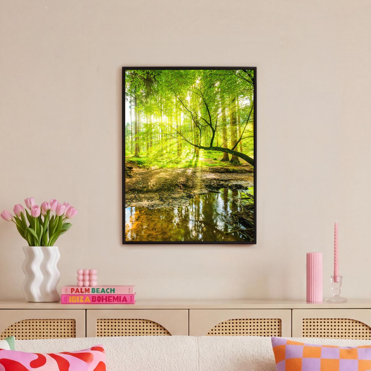 LEINWAND Bilder mit Rahmen - Wald - Landschaft - Wasser - Bäume - Sonne - Grün - Natur - 60x80 - Grün, Textil (60/80cm) - MuchoWow