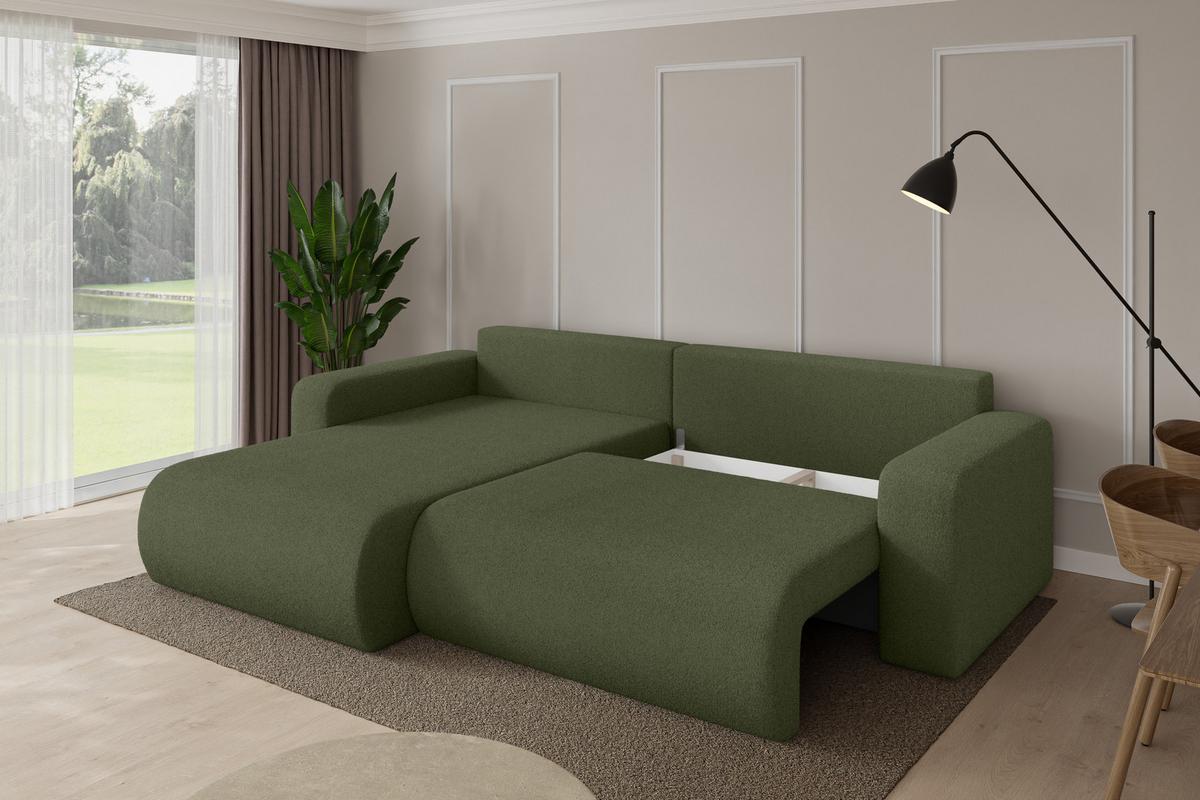 ECKSOFA mit Schlaffunktion Ottomane Links BERY-L 276x193x88 Grün Bouclé - Schwarz/Olivgrün, Holzwerkstoff/Kunststoff (276/193cm) - ALTDECOR
