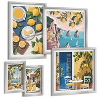 BILDER SET 5er Set - 50x50 cm & 20x30 cm & 40x60 cm Silberner Rahmen - Berge, rosa Himmel, Wasser, Sukkulente - Silberfarben, Kunststoff (40/60cm) - TULUP
