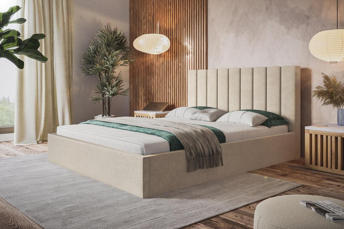 BETT 90x200 - Polsterbett mit Bettkasten und Holzrahmen - Modern Betten - Weicher Jasminstoff - Kollektion Sapporo - Beige - Beige, Holz/Textil (90/200cm) - Alpi-Möbel