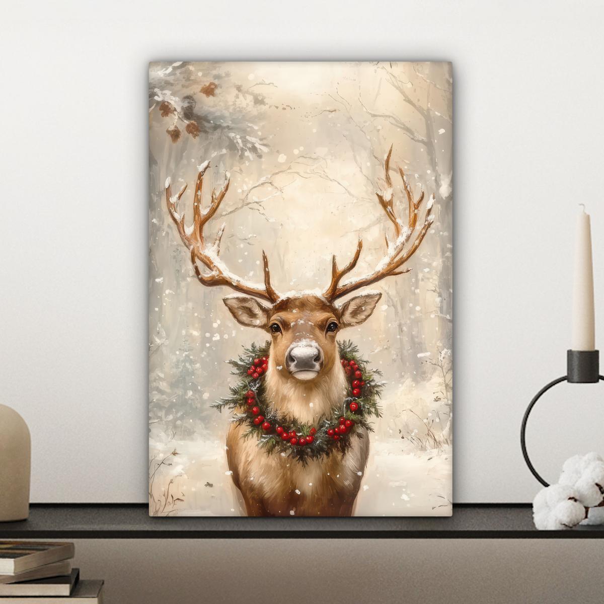 LEINWANDBILD Weihnachten - Rentier - Winter - Kranz Deko Wohnzimmer 20x30 cm - Naturfarben, Textil (20/30cm) - MuchoWow