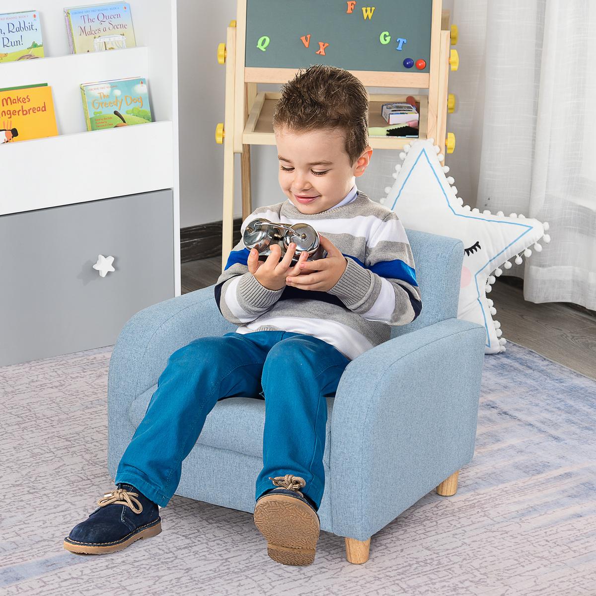 KINDERSOFA Kindersessel mit dickem Schaumstoff Sitzkissen Leinen Blau - Blau, Holz (45/44.5/49cm) - HOMCOM