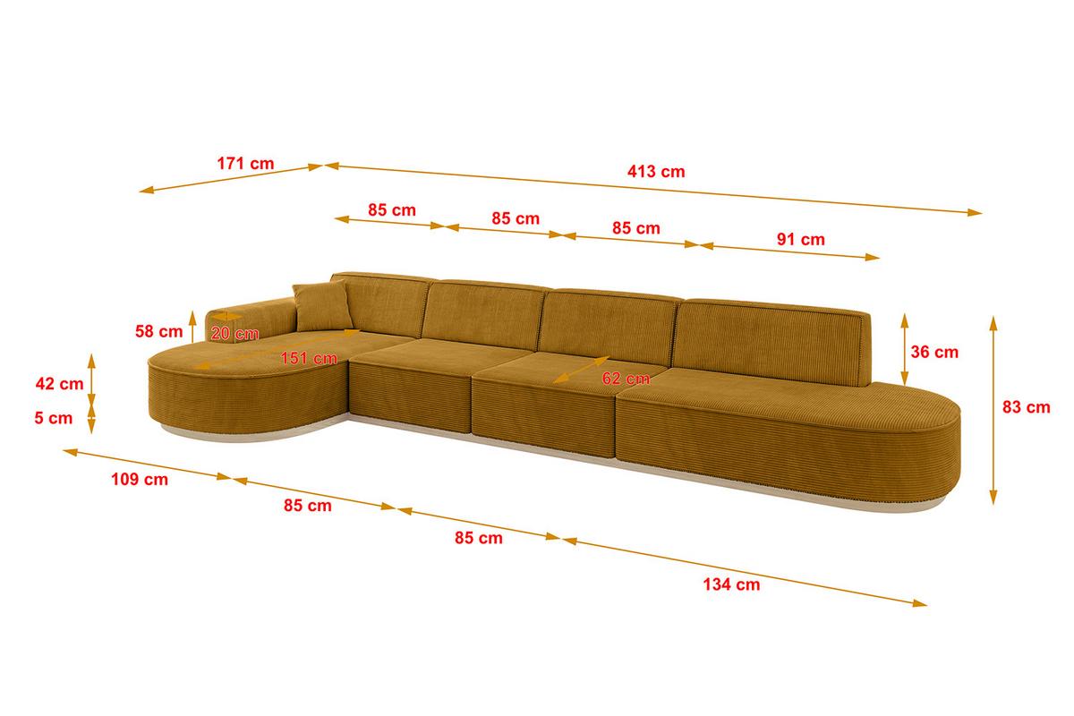 ECKSOFA Ottomane Links MARI-L3-v1 - 413x171x83 cm Senfgelb Cord - Gelb, Holzwerkstoff/Textil (413/171cm) - ALTDECOR