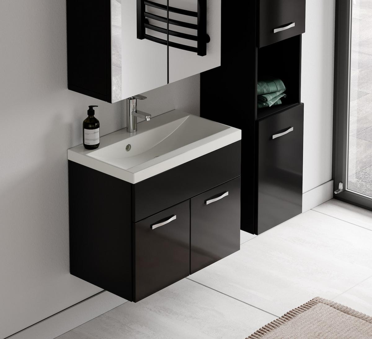 BADMÖBEL-SET Montreal 4 Teile Spiegelschrank Schwarz Hochglanz - 60 x 35 x 51 cm - Schwarz, Holz (60/51/35cm) - Badplaats