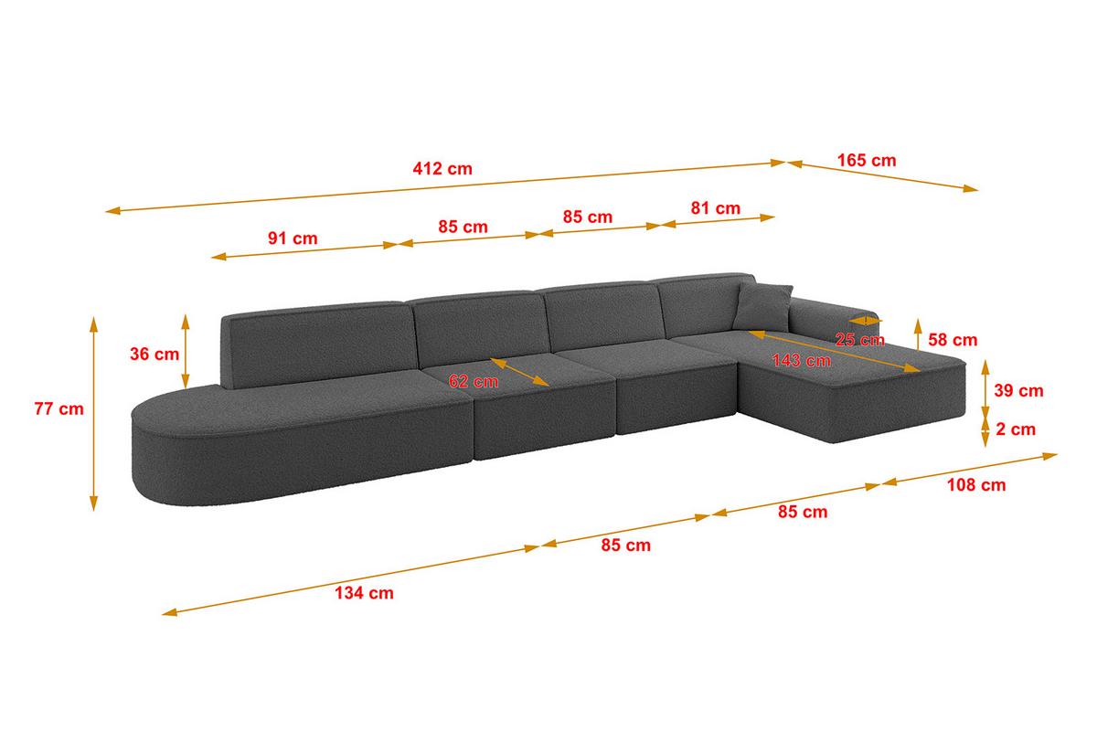 ECKSOFA Ottomane Rechts IREA-L3-v3 - 412x165x77 cm Grau - Olivgrün, Holzwerkstoff/Textil (412/165cm) - ALTDECOR