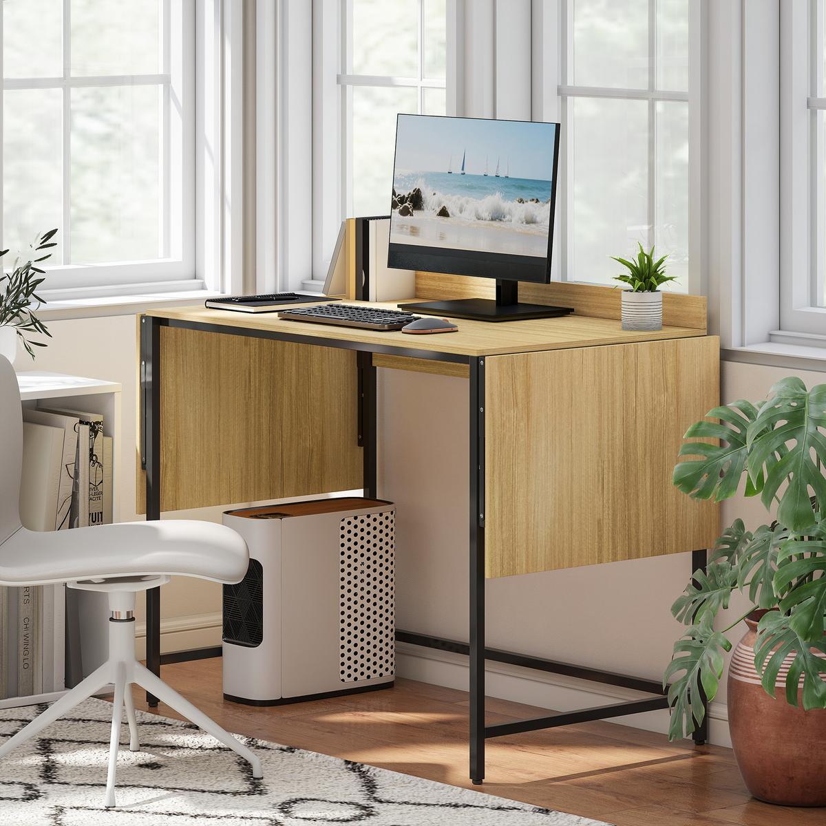 SCHREIBTISCH Klappbar Computertisch Bürotisch mit Modern-Design, Metallgestell - Eichefarben/Schwarz, Holzwerkstoff/Metall (170/58/78cm) - HOMCOM