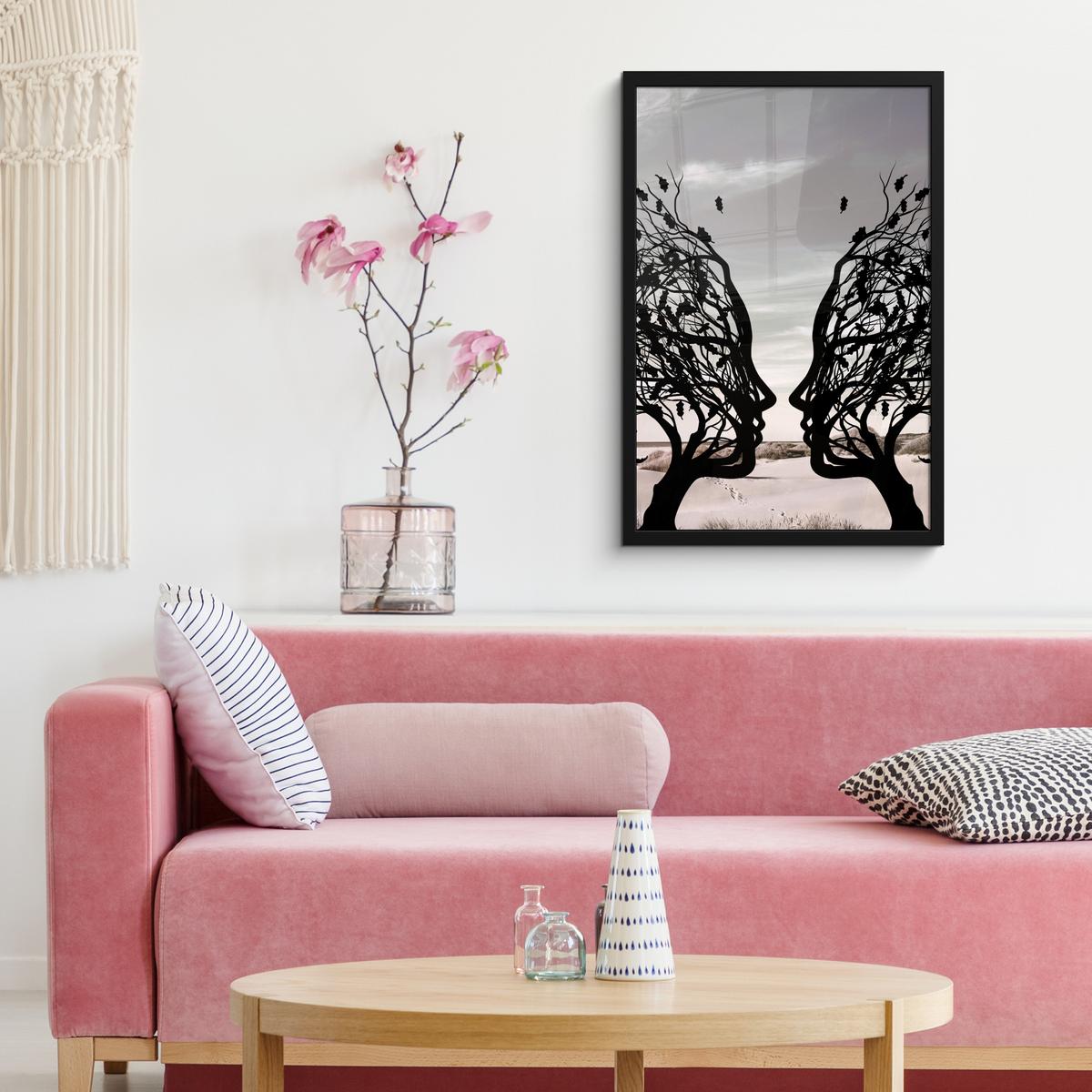 POSTER MIT RAHMEN Strand - Meer - Menschen - Baum - Moderne Kunst Bilder mit Rahmen 40x60 cm - Hellgrau, Papier (40/60cm) - MuchoWow