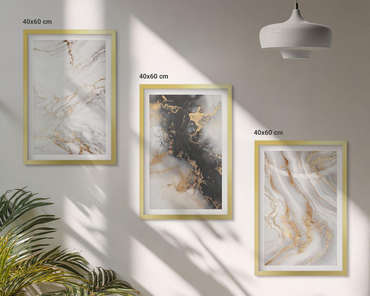 BILDER SET 3er Set - 40x60 cm Goldrahmen - Abstrakte weiß-schwarze Muster - Goldfarben, Kunststoff (40/60cm) - TULUP