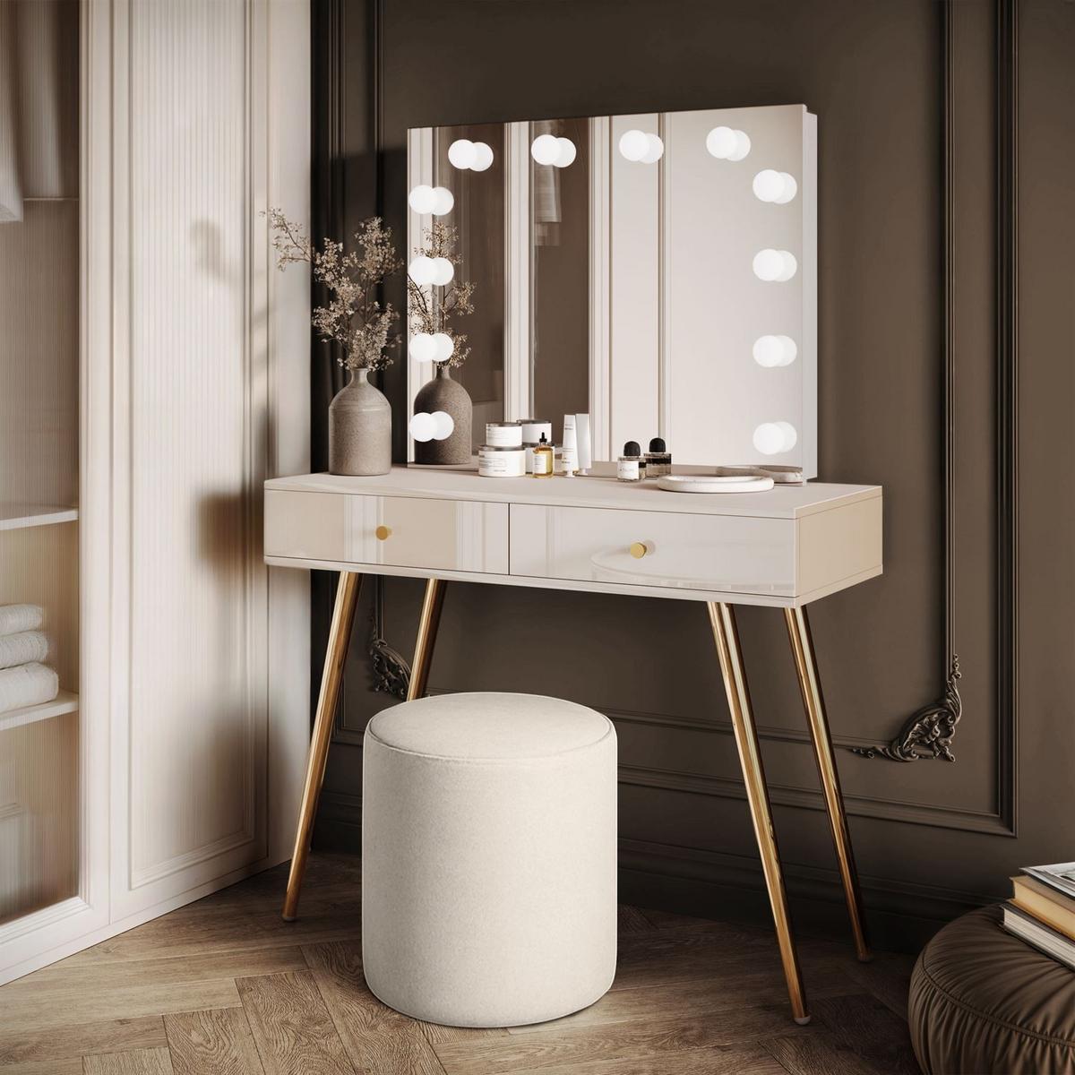 SCHMINKTISCH SIENNA GOLD ELITE auf schrägen Beinen goldener Griff - Ecru, Holzwerkstoff (100/81/42cm) - Lookway
