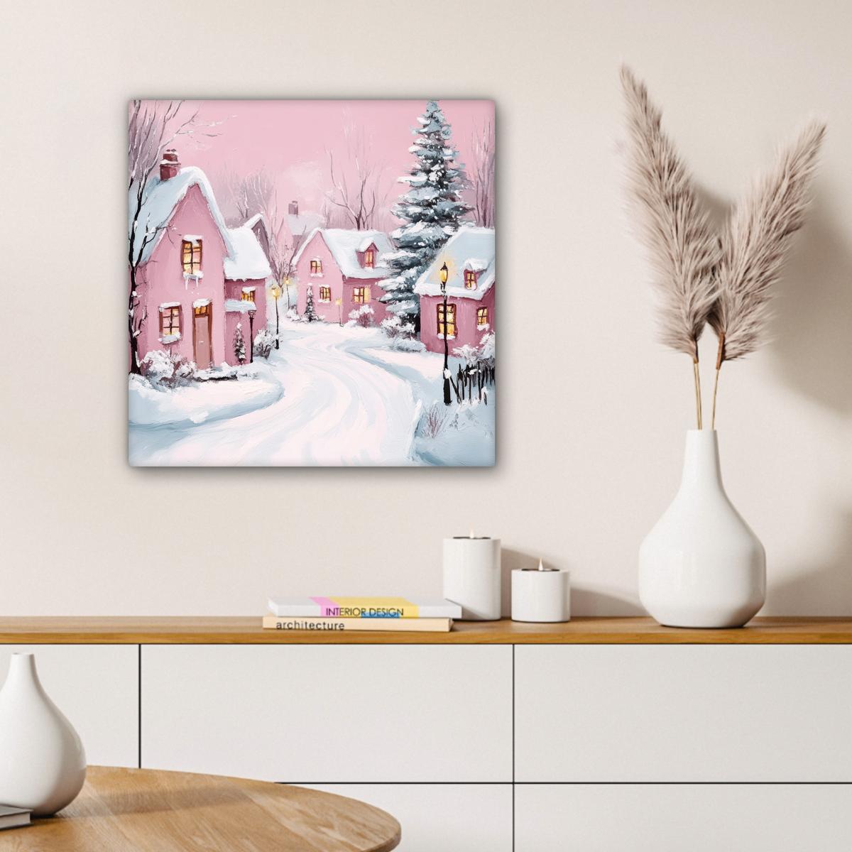 LEINWANDBILD Weihnachtsdorf - Rosa - Winter - Schnee - Häuser Wandbild Wohnzimmer 50x50 cm - Altrosa, Textil (50/50cm) - MuchoWow