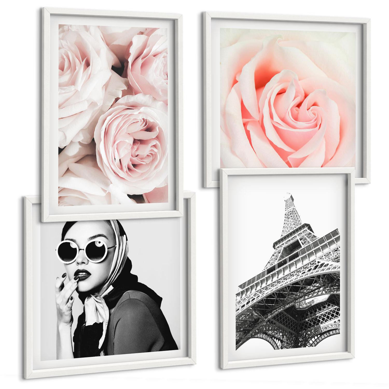 BILDER SET 4er Set - 50x50 cm & 40x60 cm Weißer Rahmen - Eiffels Porträt einer Frau mit Rosen - Weiß, Kunststoff (50/50cm) - TULUP