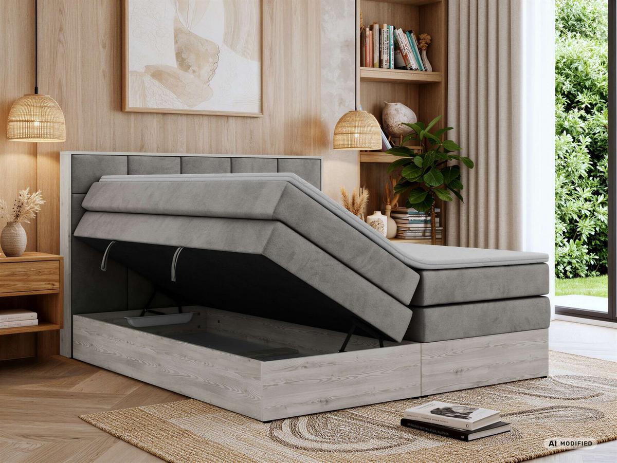 BOXSPRINGBETT ALNOR KING 140/200 - Hellgrau Velvet - Topper Visco - H4 - Hellgrau/Schwarz, Kunststoff/Textil (140/200cm) - MKS