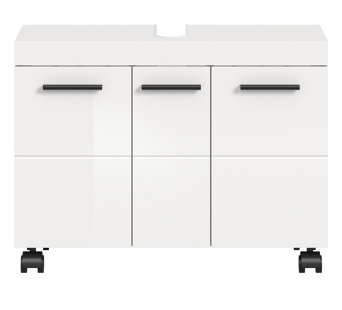 WASCHBECKENUNTERSCHRANK weiß Hochglanz 80 cm, Badezimmer Unterschrank auf Rollen - Weiß Hochglanz/Schwarz, Holzwerkstoff/Kunststoff (80/30/58cm) - Inn.Furn