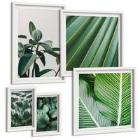 BILDER SET 5er Set - 50x50 cm & 20x30 cm & 40x60 cm Weißer Rahmen - Tropische Blätter in Grün - Weiß, Kunststoff (40/60cm) - TULUP