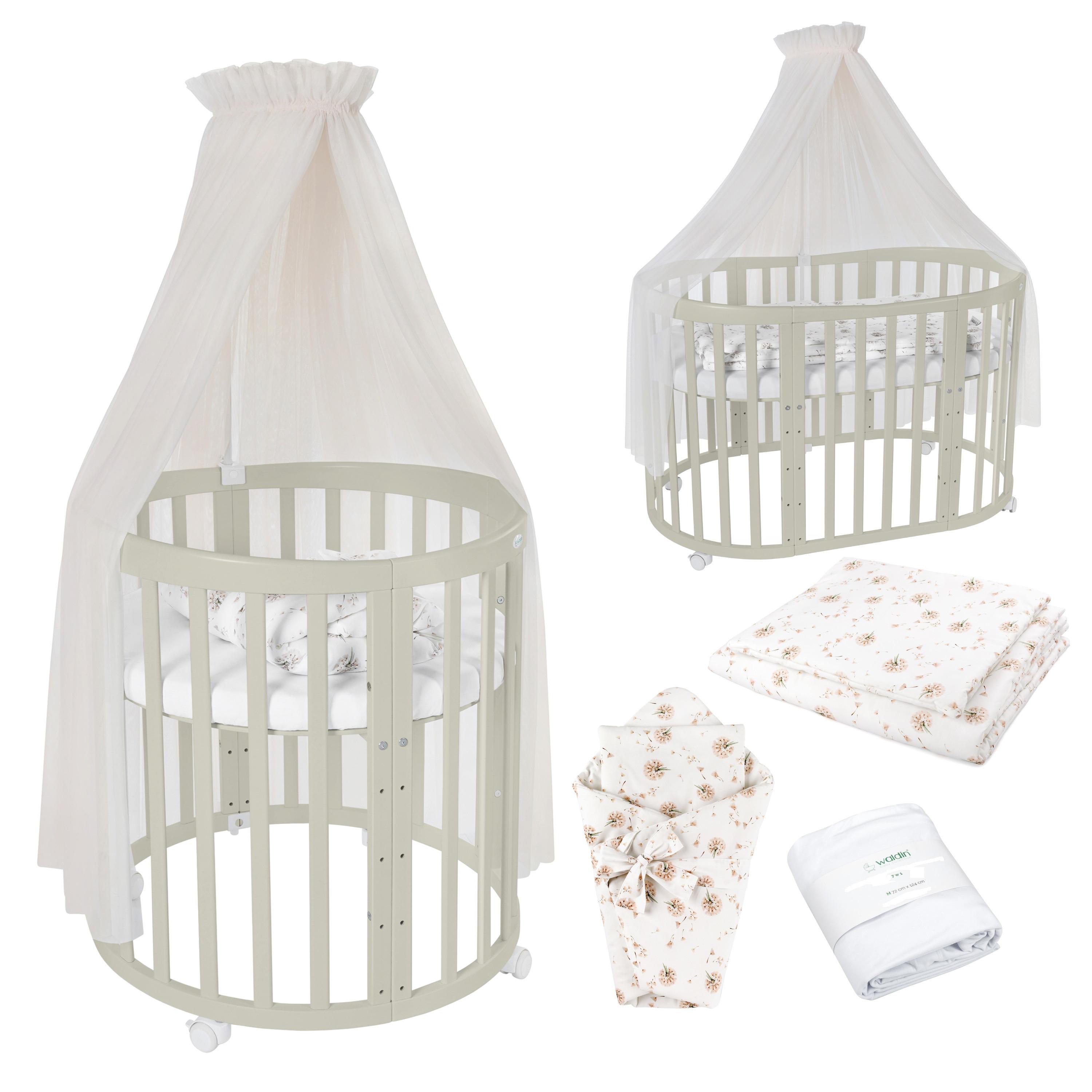 BABYBETT OLIVE OVAL 7in1 mit Matratze und Himmelset - Champagner/Olivgrün, Holz/Textil (73/125cm) - waldin