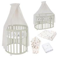 BABYBETT OLIVE OVAL 7in1 mit Matratze und Himmelset - Champagner/Olivgrün, Holz/Textil (73/125cm) - waldin