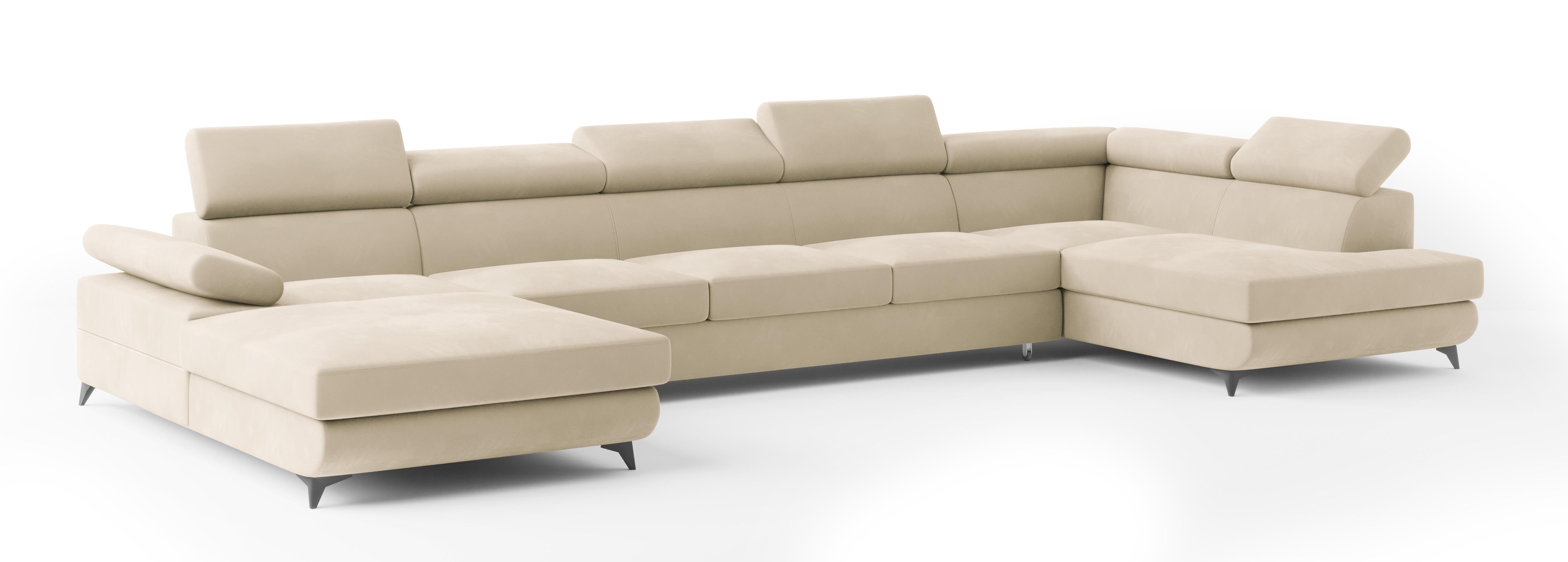WOHNLANDSCHAFT MONTIVA Creme Velours-Stoff mit Schlaffunktion - Creme, Holz (410/89/190cm) - MASSENO