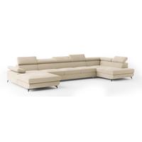 WOHNLANDSCHAFT MONTIVA Creme Velours-Stoff mit Schlaffunktion - Creme, Holz (410/89/190cm) - MASSENO