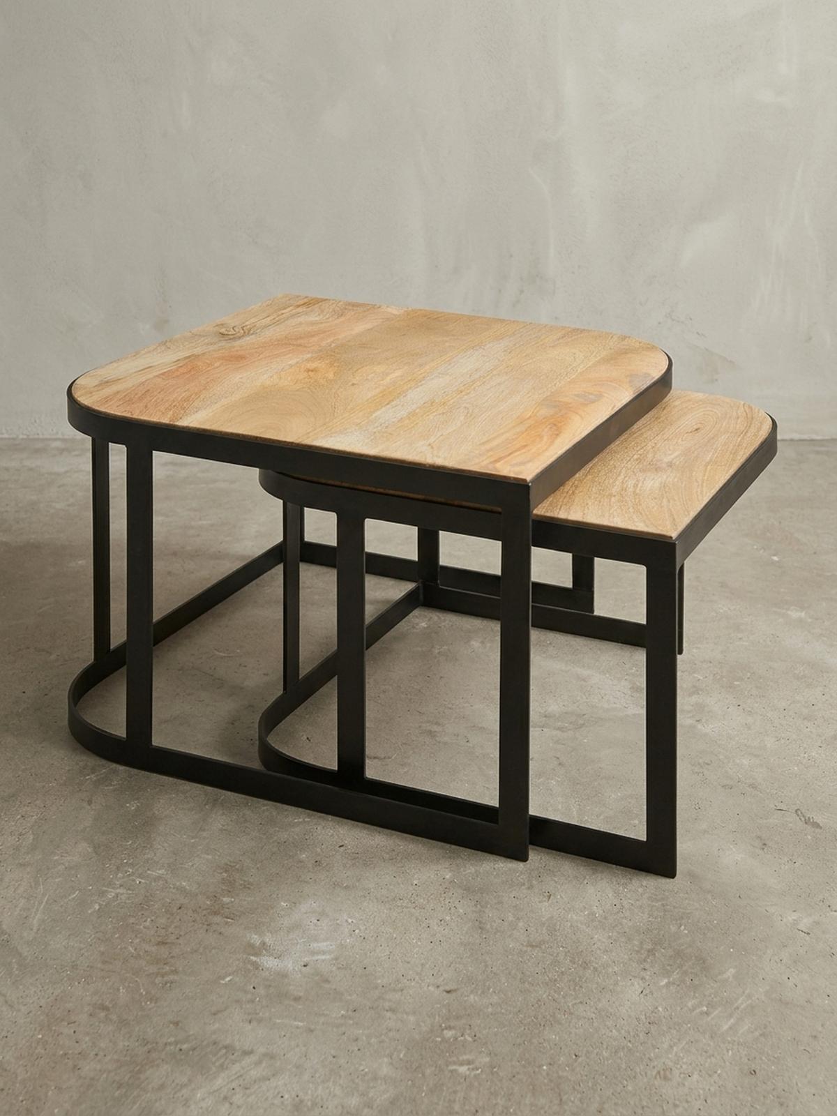 BEISTELLTISCH 2er Set Mango Massivholz Eisen Abgerundete Ecken TIMAVO, Braun 60x60x40 cm - Schwarz/Braun, Holz/Metall (60/60/40cm) - KADIMA DESIGN