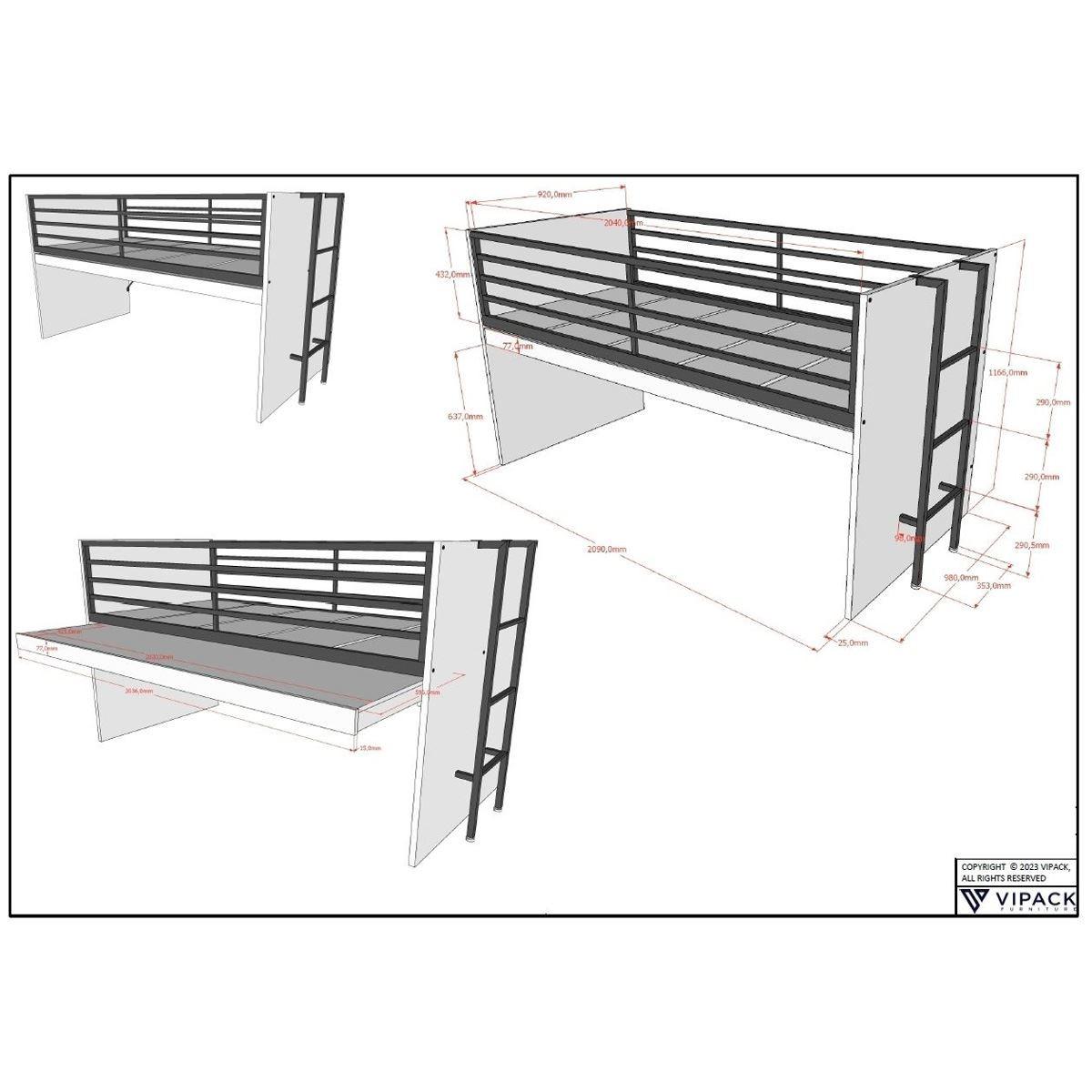 HALBHOCHBETT 90x200 Keelia Weiß mit Schreibtisch Stauraum Set - Weiß, Kunststoff - 58aufmkessel
