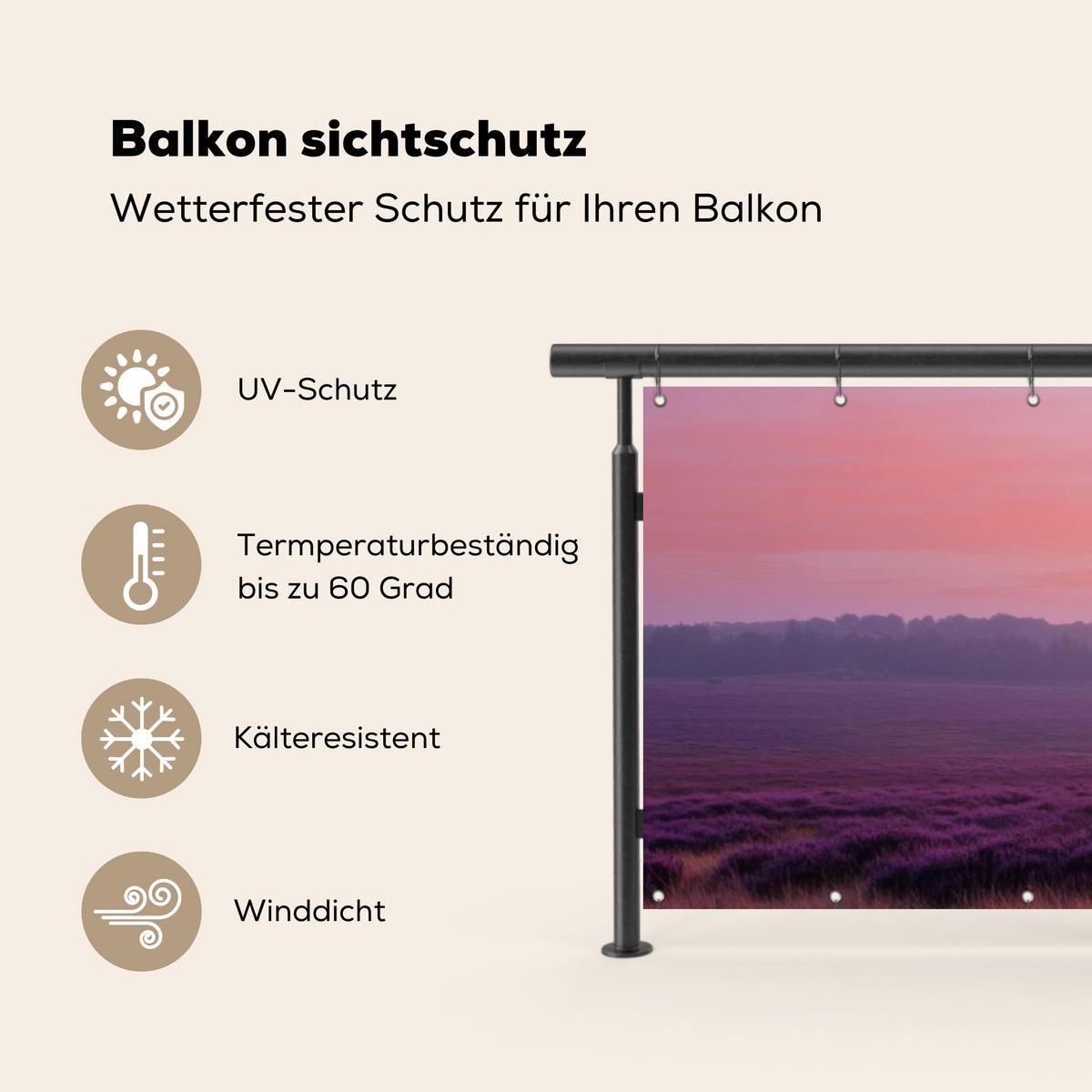 BALKON-SICHTSCHUTZ Baum - Heidekraut - Sonnenaufgang Windschutz 300x85 cm - Flieder, Kunststoff (300/85cm) - MuchoWow